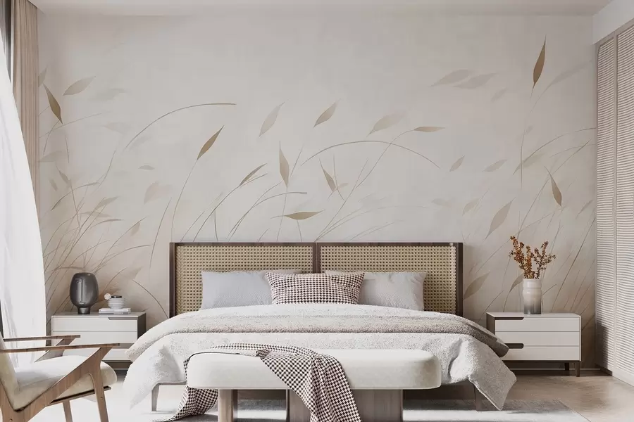 Carta da parati nature Erba al vento in stile acquerello nei toni del beige 