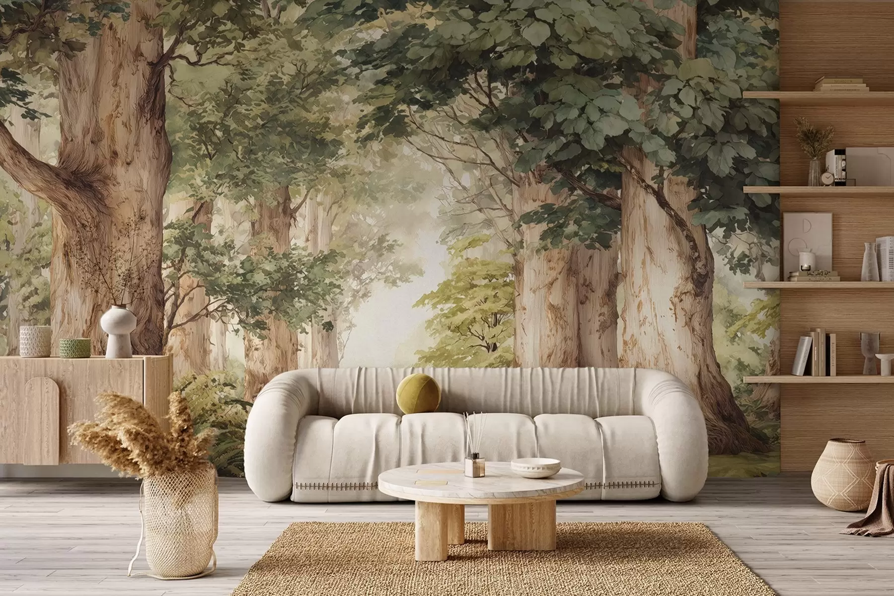 Carta da parati nature Sentiero nel bosco tra alberi maestosi in stile acquerello 