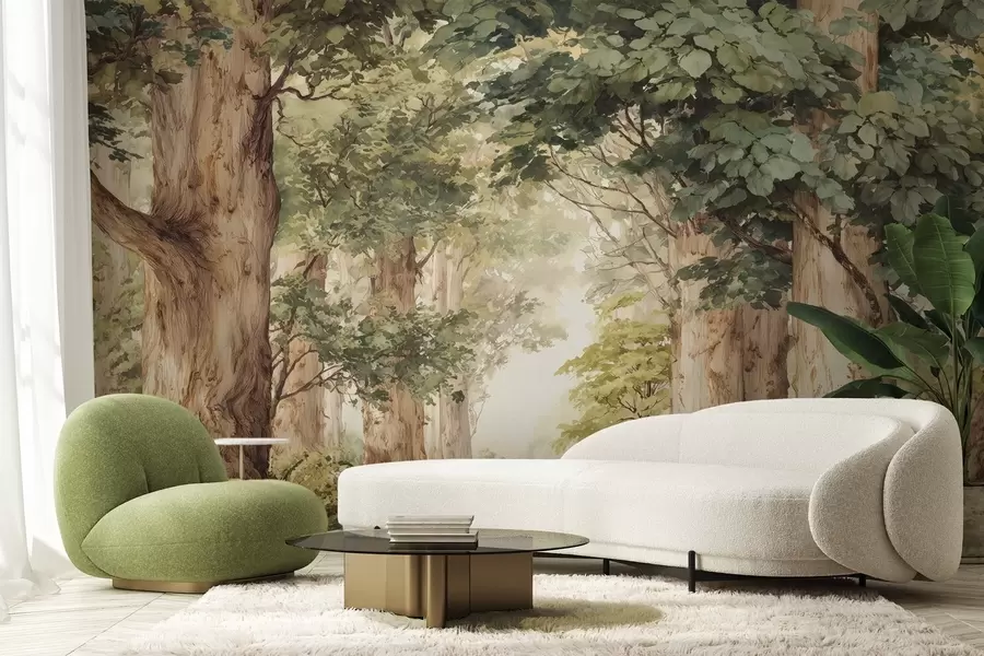 Carta da parati nature Sentiero nel bosco tra alberi maestosi in stile acquerello 