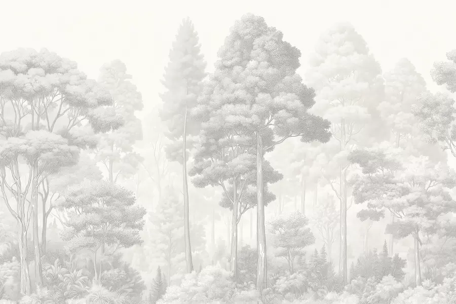 Carta da parati nature Paesaggio boschivo artistico realizzato con la tecnica del tratteggio grafico in bianco e nero 