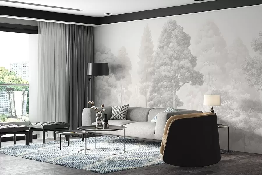 Carta da parati nature Paesaggio boschivo artistico realizzato con la tecnica del tratteggio grafico in bianco e nero 