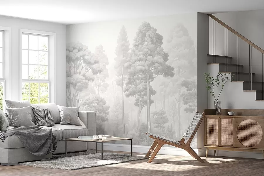 Carta da parati nature Paesaggio boschivo artistico realizzato con la tecnica del tratteggio grafico in bianco e nero 