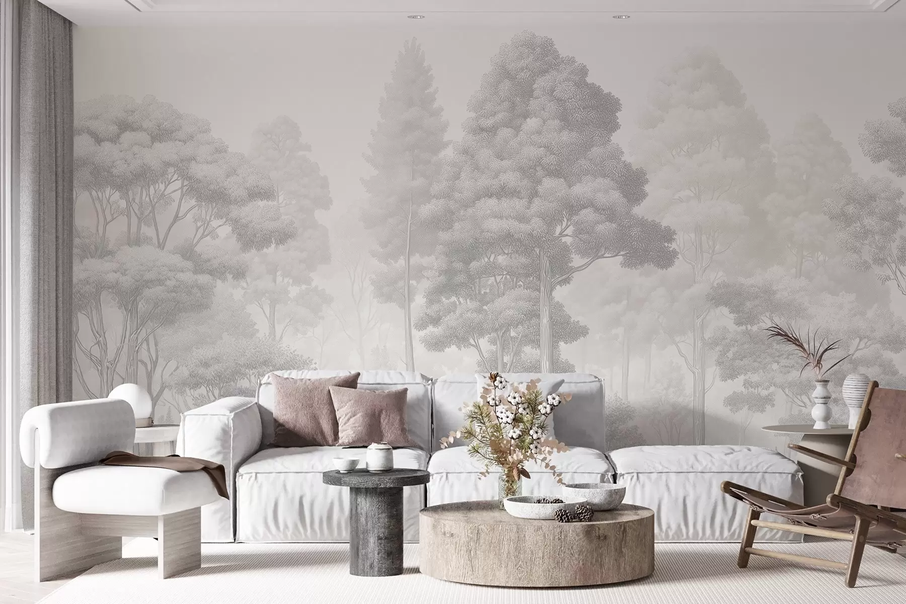 Carta da parati nature Paesaggio boschivo artistico realizzato con la tecnica del tratteggio grafico in bianco e nero 