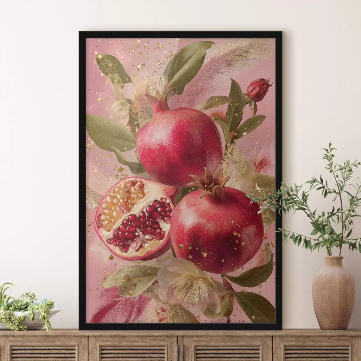 Poster Meloni maturi su sfondo rosa con foglie e macchie f45868