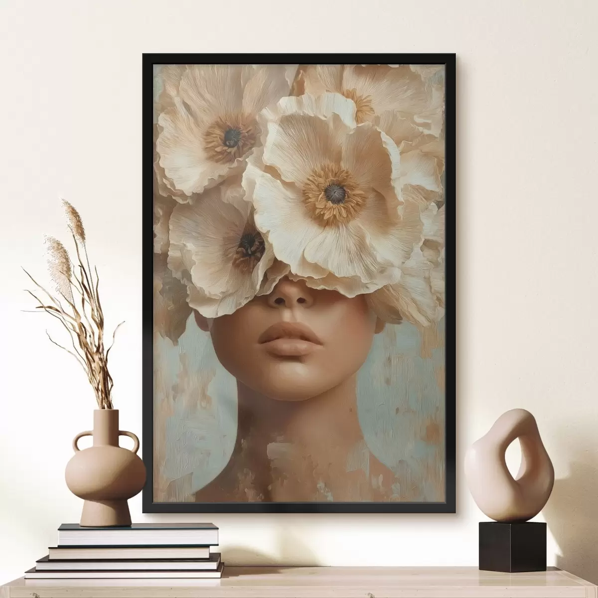 Poster Ritratto con fiori beige che coprono gli occhi f45870