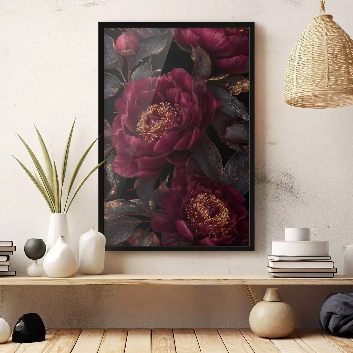 Poster Peonie bordeaux su sfondo nero con accenti gialli f45877