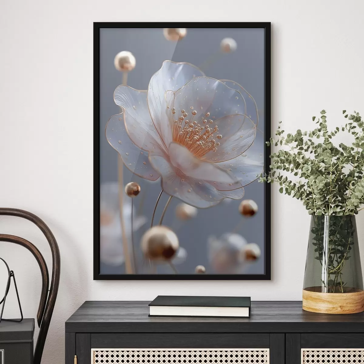 Poster Fiore traslucido con stami color rame su sfondo blu f45880