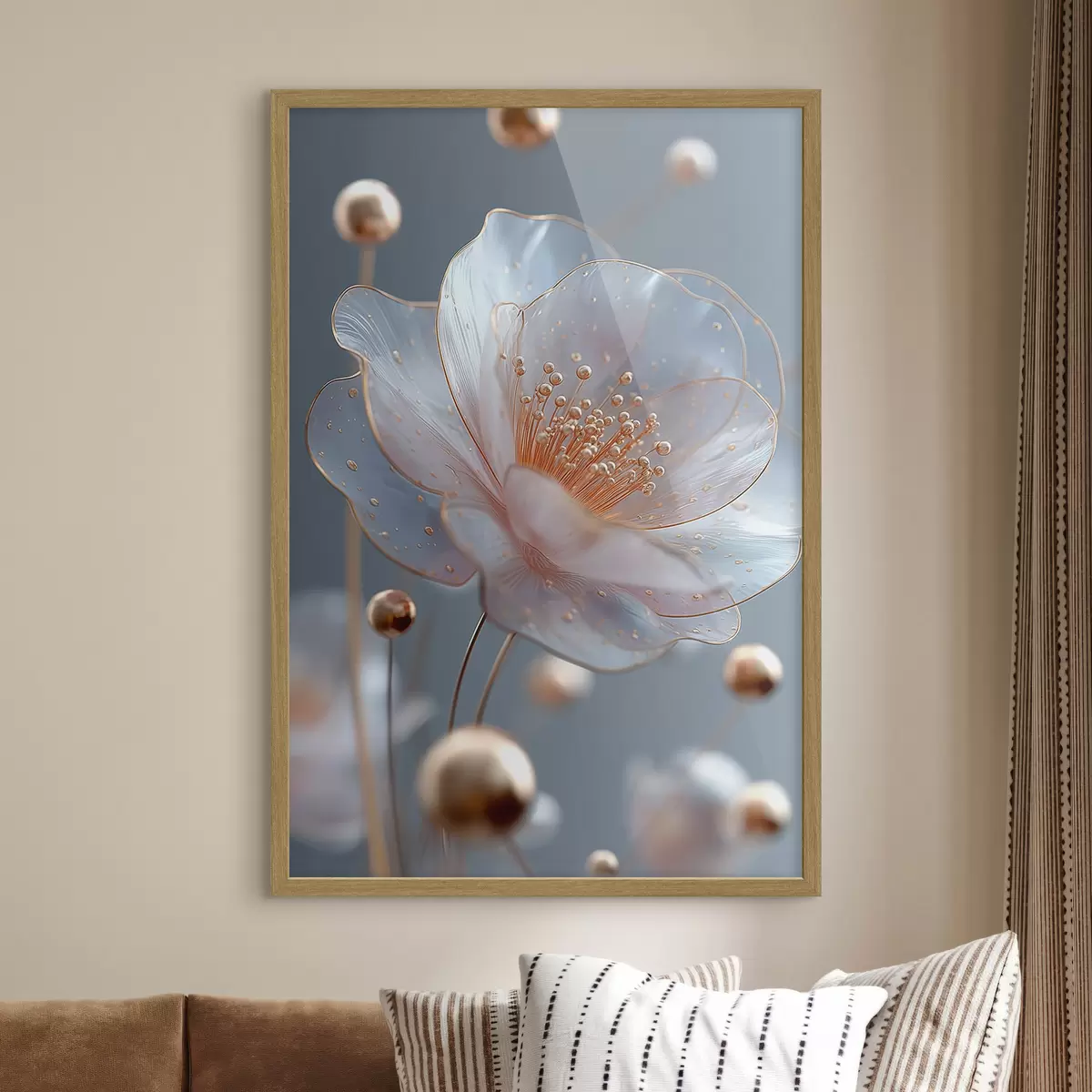 Poster Fiore traslucido con stami color rame su sfondo blu f45880