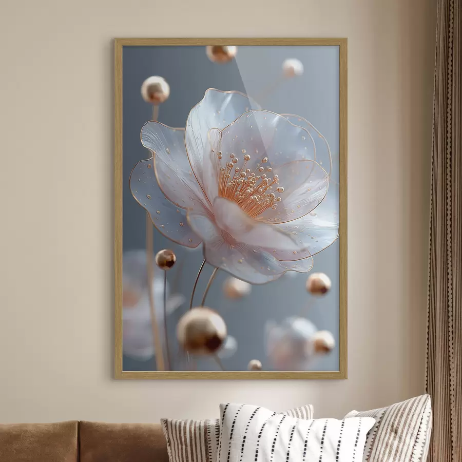 carta da parati Fiore traslucido con stami color rame su sfondo blu nr. f45880