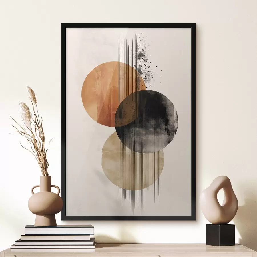 carta da parati Tre cerchi testurizzati con linee in una palette di colori terracotta-nero nr. f45885