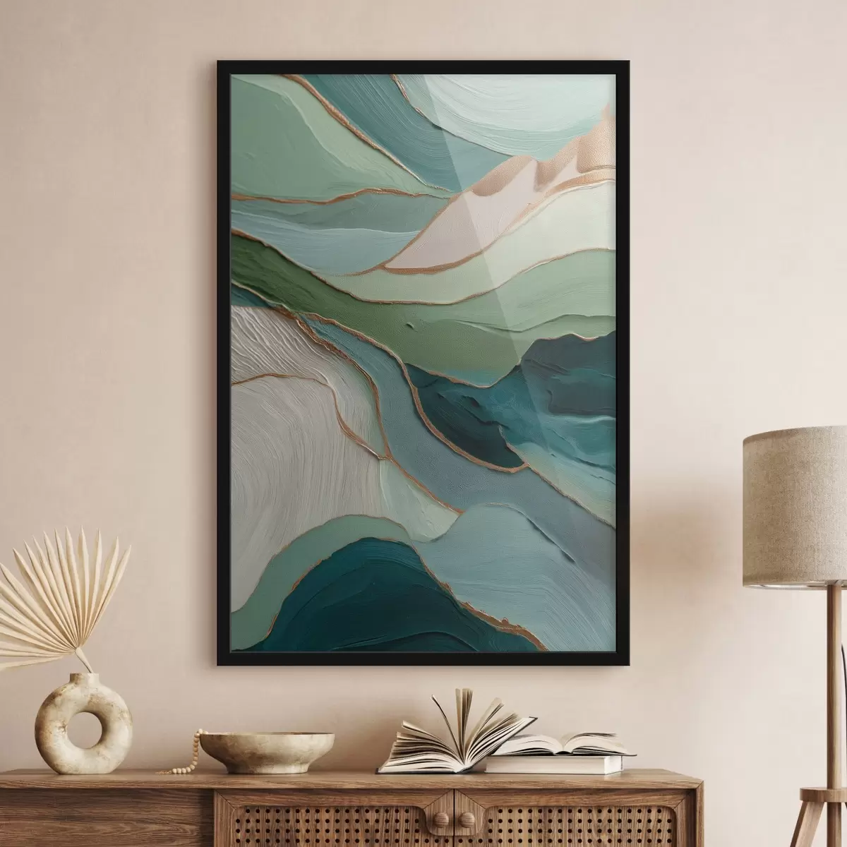 Poster Astrazione verde stratificata con linee gialle e profondità f45902