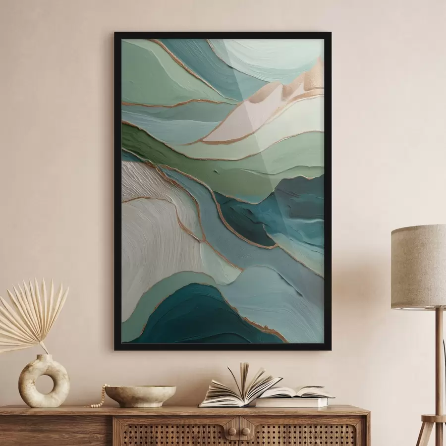 carta da parati Astrazione verde stratificata con linee gialle e profondità nr. f45902