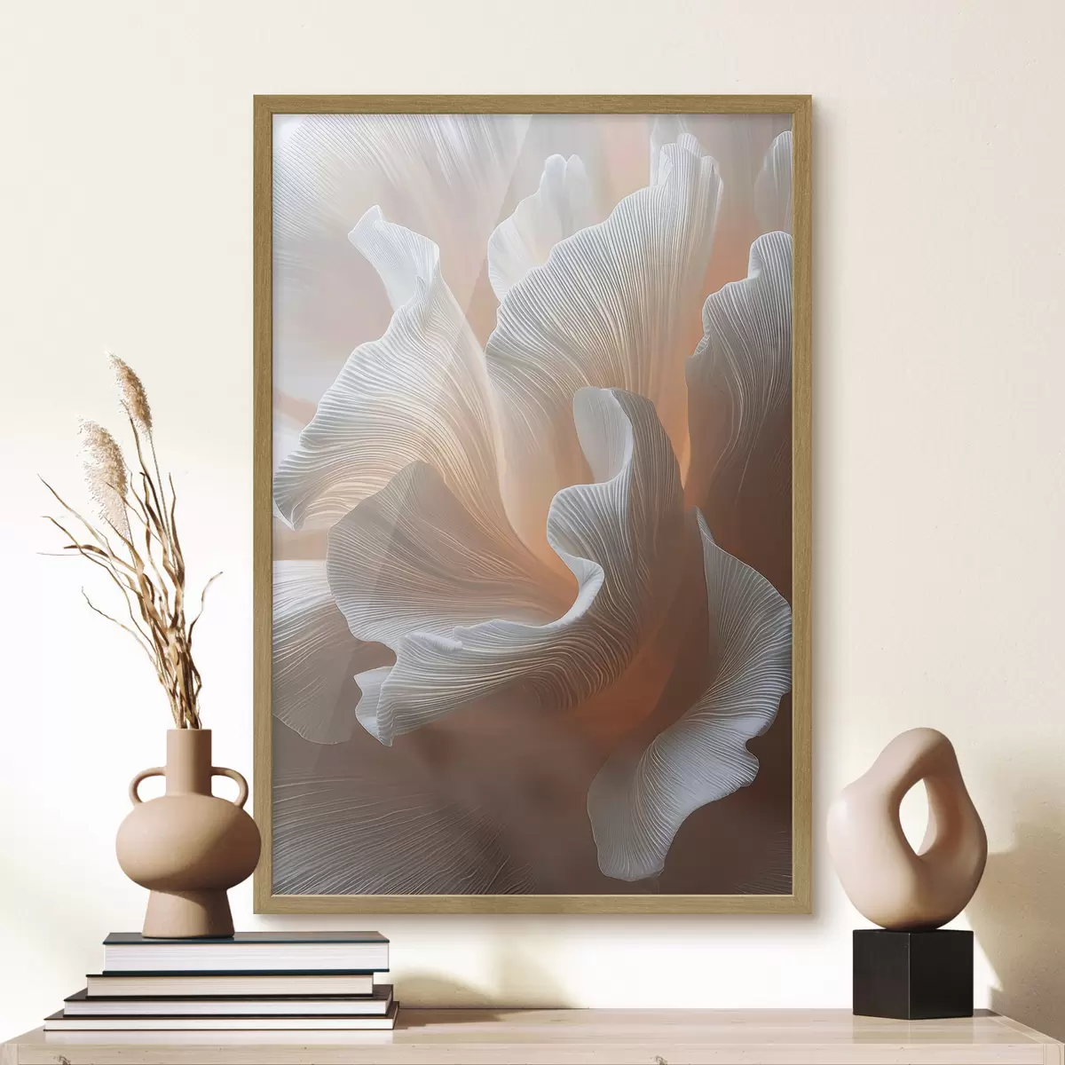 Poster Petali bianchi e vaporosi con un caldo bagliore color pesca f45909