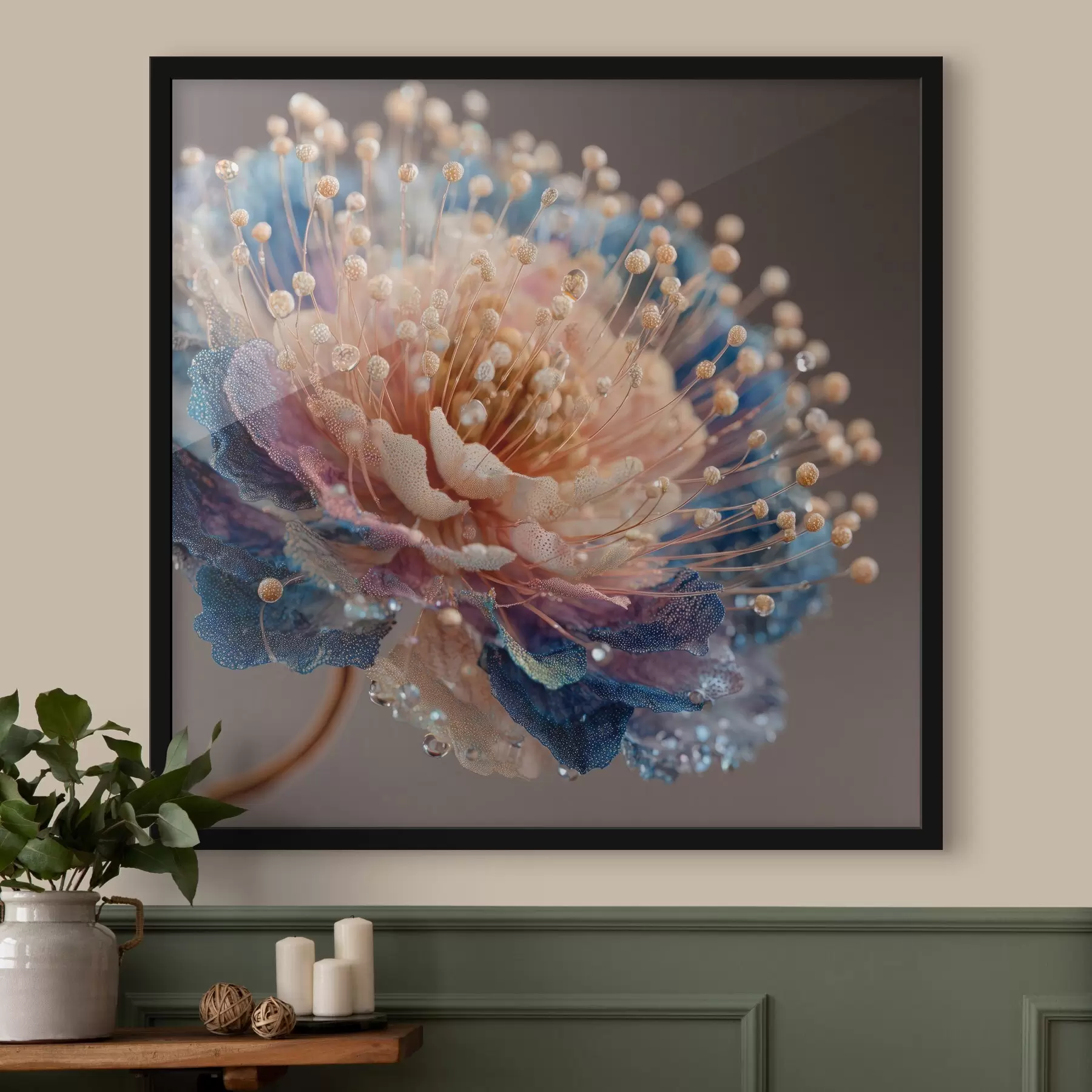 carta da parati Fiore perlato con gocce di rugiada, petali color pesca e blu nr. f45911