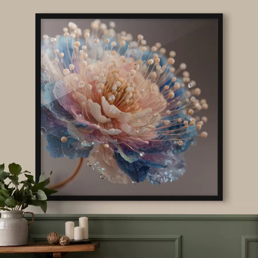 carta da parati Fiore perlato con gocce di rugiada, petali color pesca e blu nr. f45911