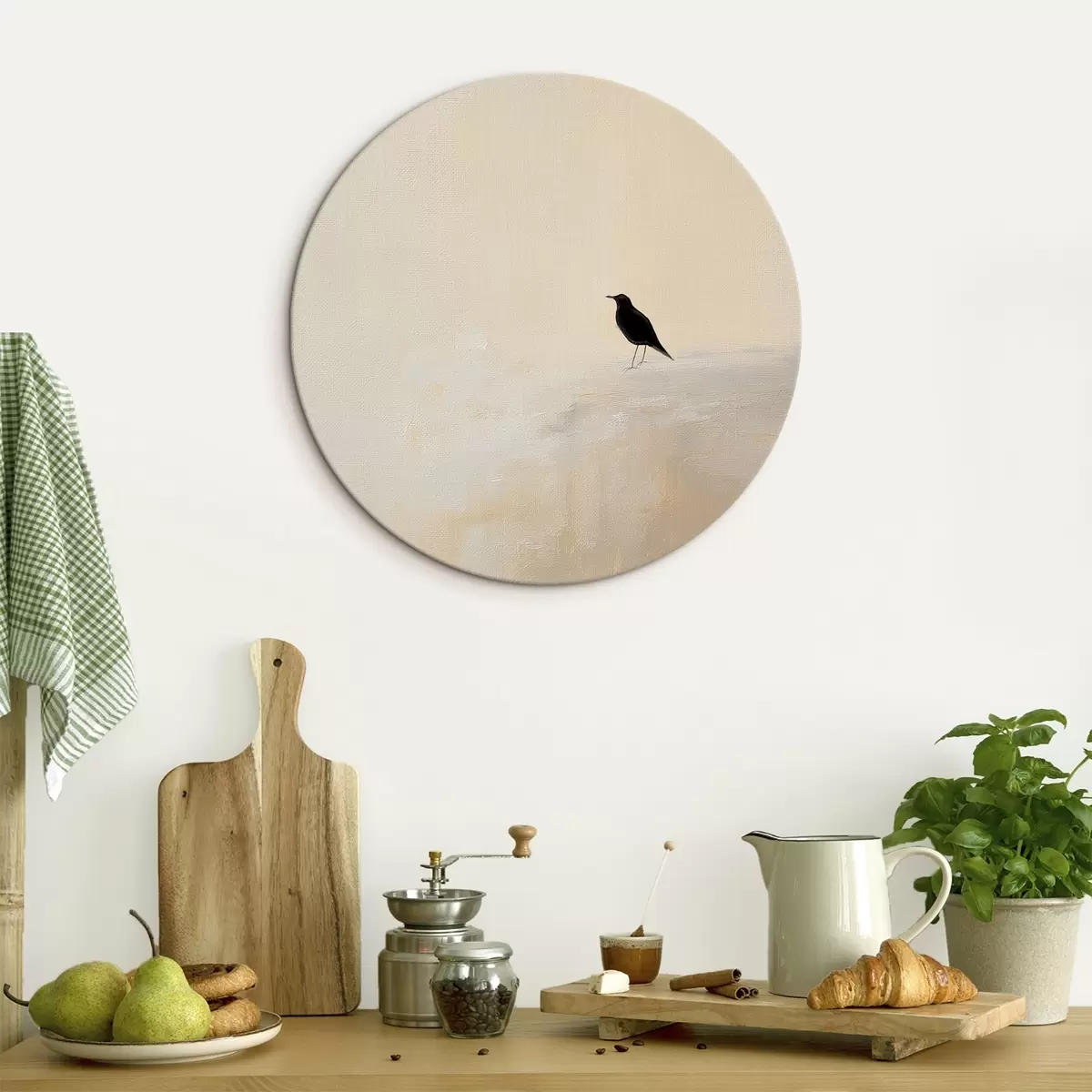 Quadri rotondi Uccello solitario su uno sfondo beige caldo r45882