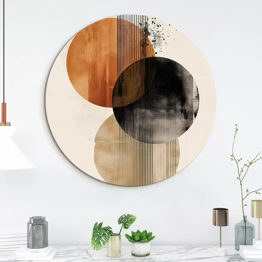 carta da parati Tre cerchi testurizzati con linee in una palette di colori terracotta-nero nr. r45885