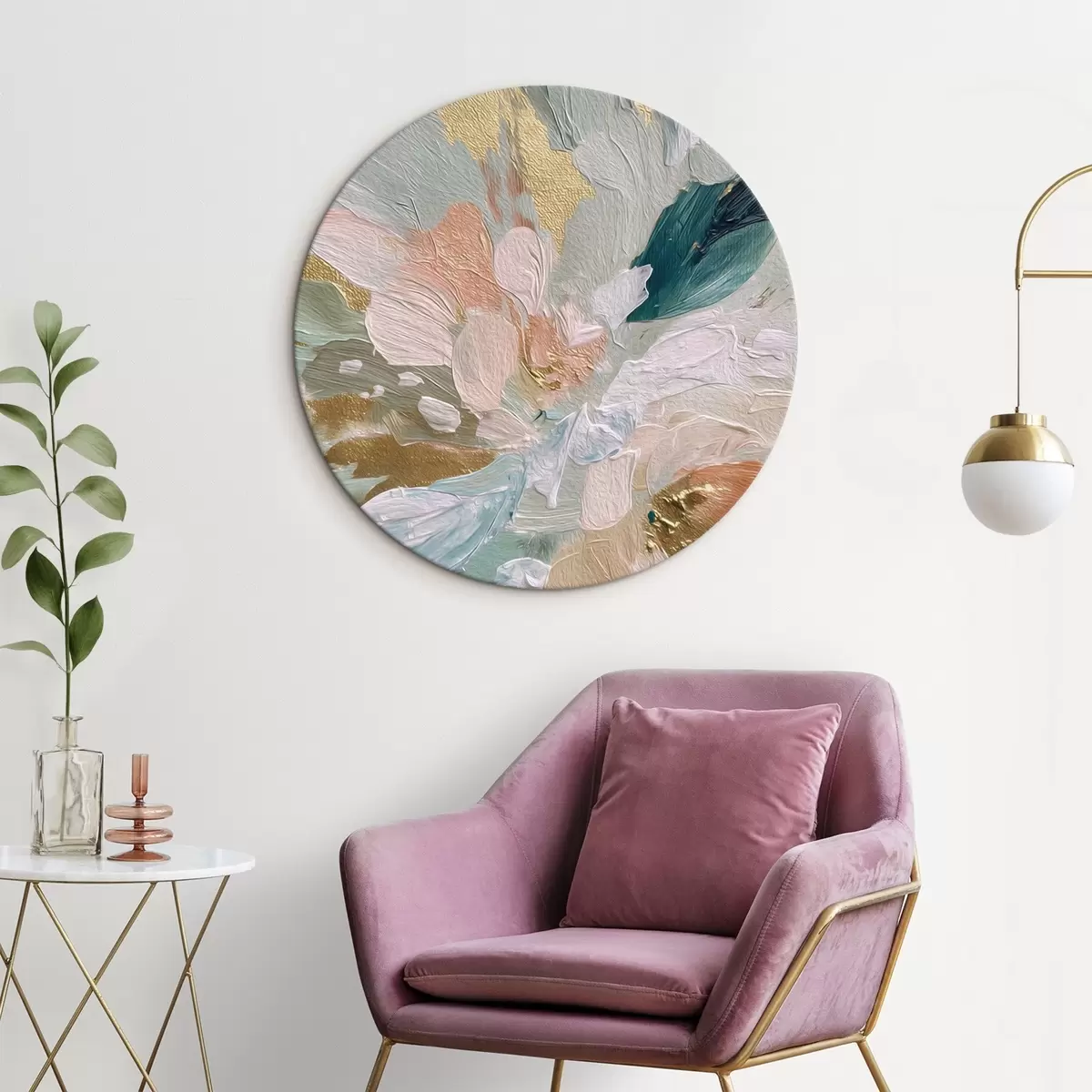 Quadri rotondi Tratti floreali pastello con macchie gialle r45899