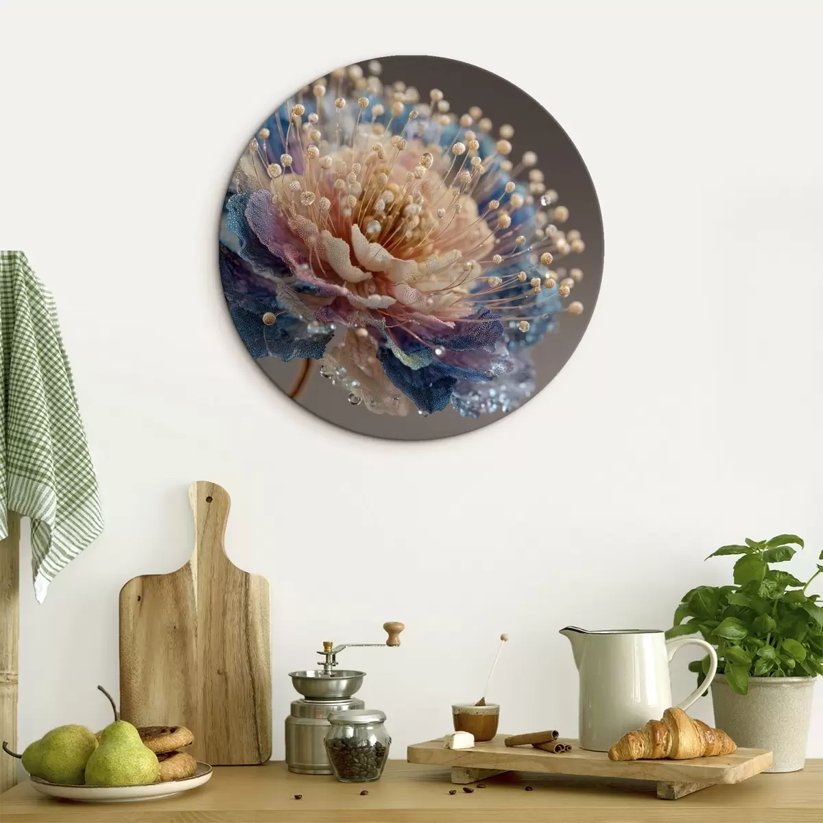 Quadri rotondi Fiore perlato con gocce di rugiada, petali color pesca e blu r45911