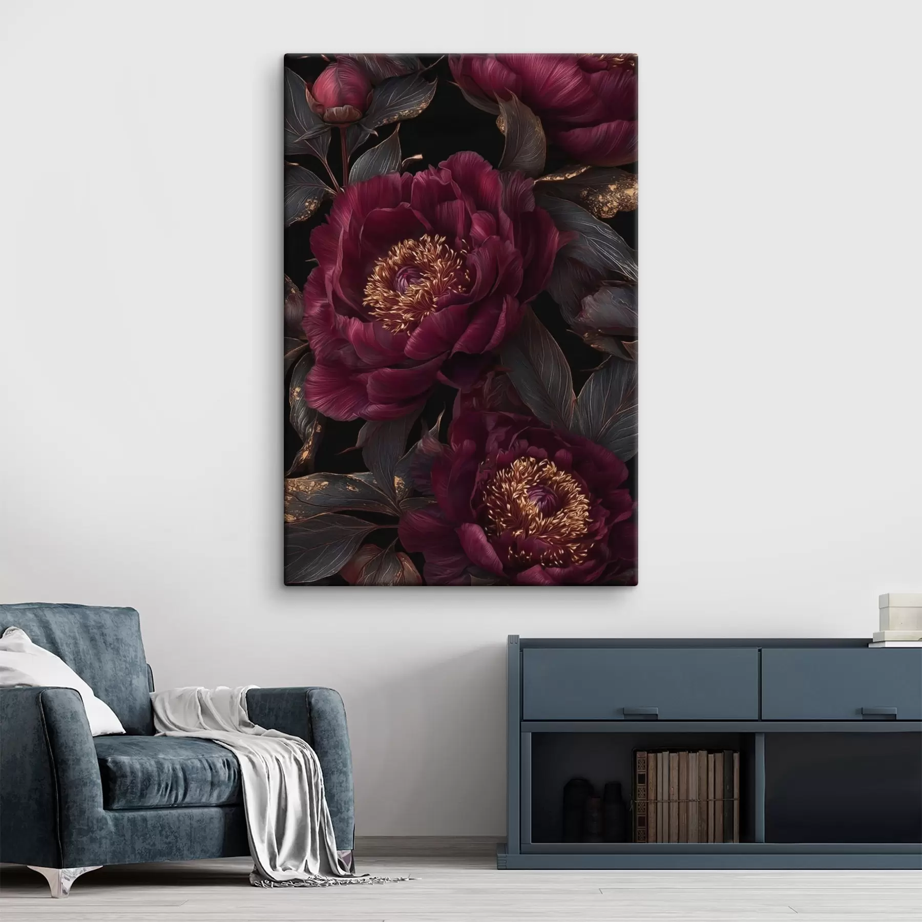 carta da parati Peonie bordeaux su sfondo nero con accenti gialli nr. s45877