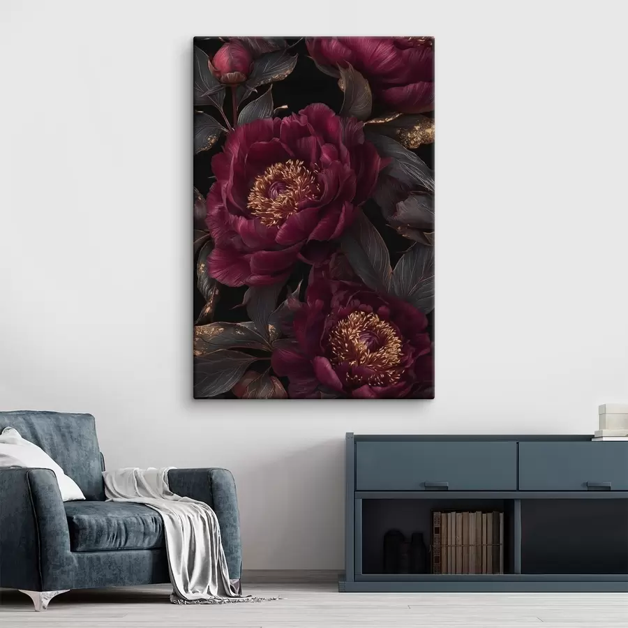 carta da parati Peonie bordeaux su sfondo nero con accenti gialli nr. s45877