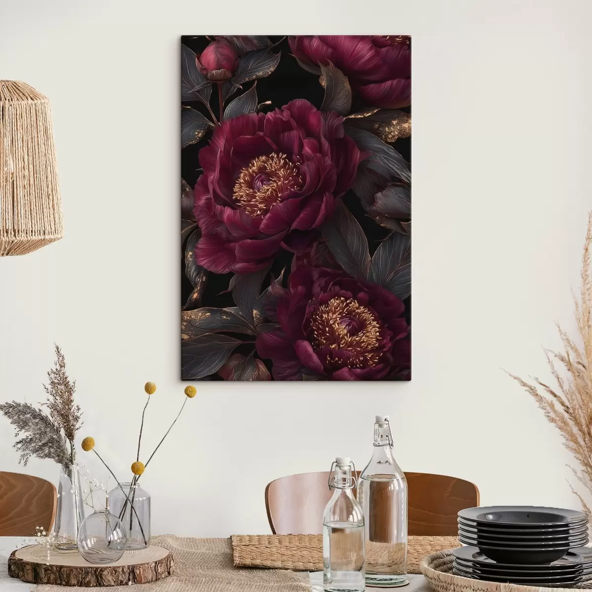 carta da parati Peonie bordeaux su sfondo nero con accenti gialli nr. s45877