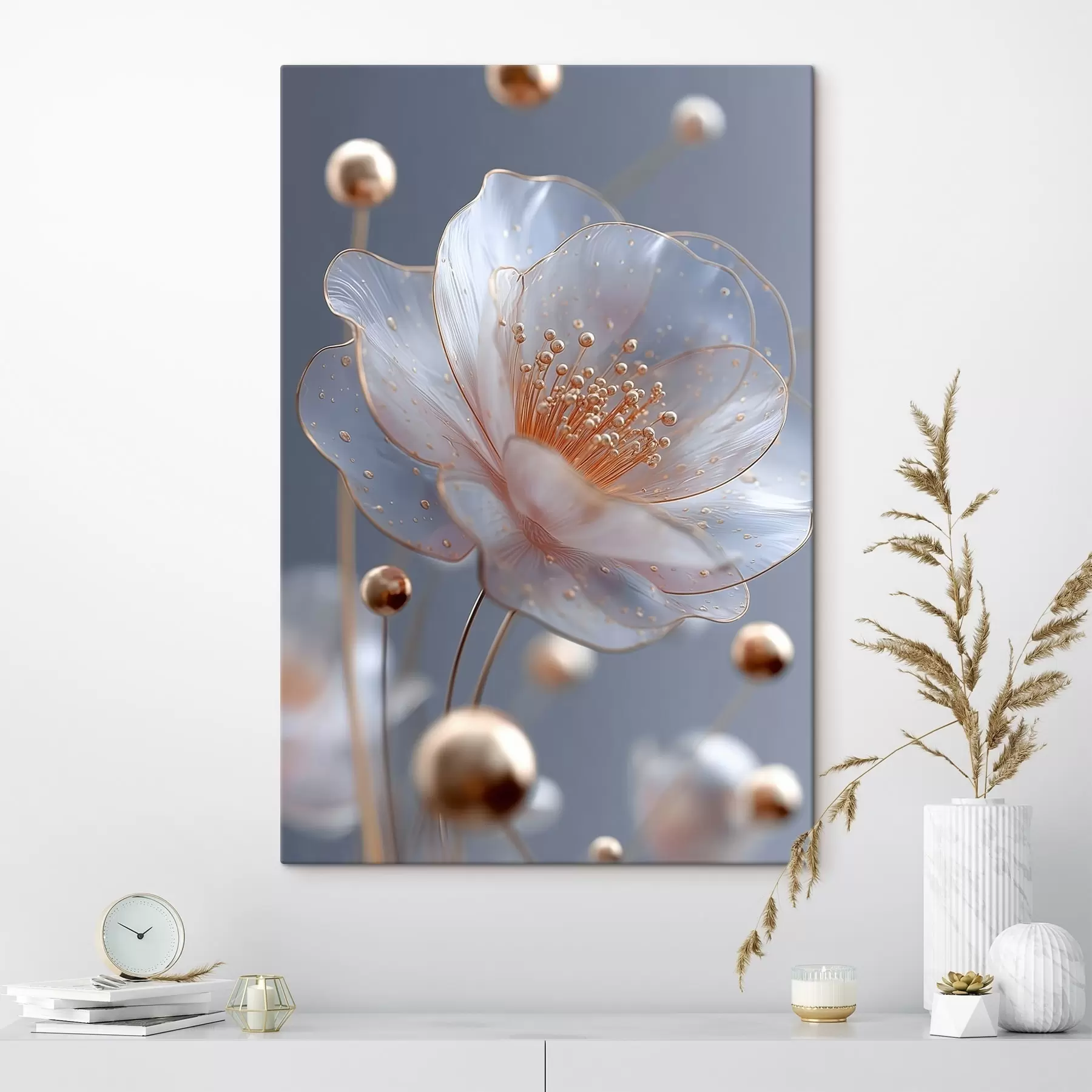 carta da parati Fiore traslucido con stami color rame su sfondo blu nr. s45880