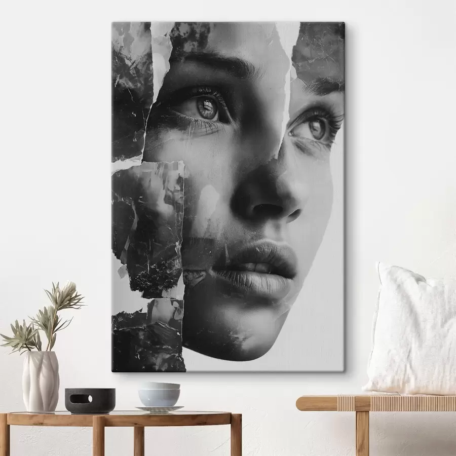 carta da parati Ritratto collage in bianco e nero con strati strappati e testurizzati nr. s45898