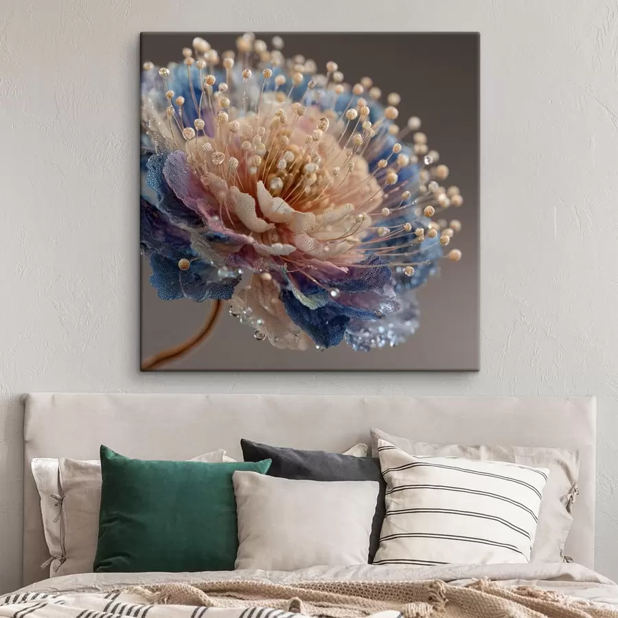 carta da parati Fiore perlato con gocce di rugiada, petali color pesca e blu nr. s45911