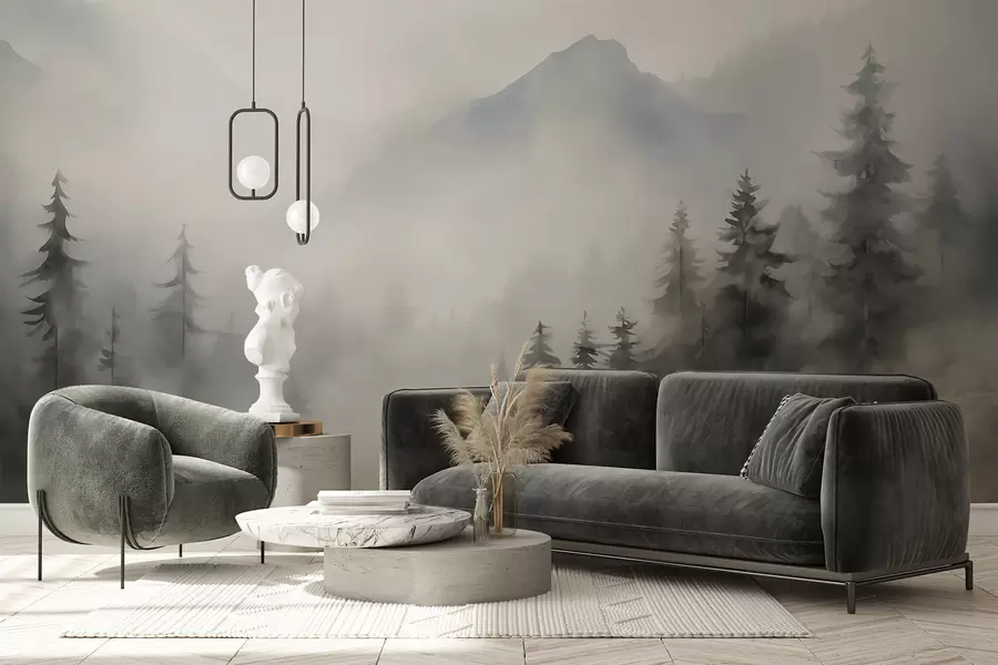 Carta da parati nature Foresta nella nebbia sullo sfondo delle montagne 