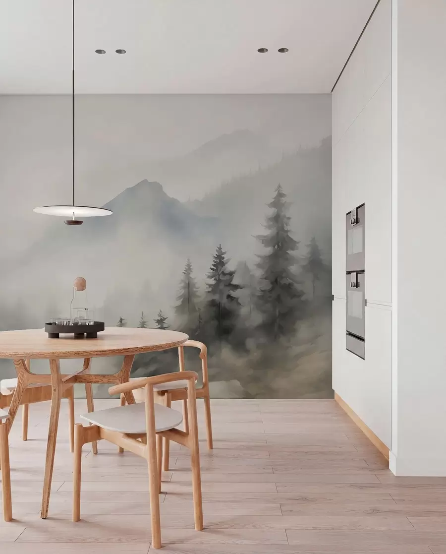 Carta da parati nature Foresta nella nebbia sullo sfondo delle montagne 