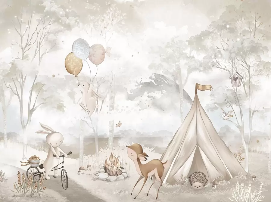 carta da parati Campo per bambini nei toni caldi del beige, tenda e animali della foresta nr. w04671