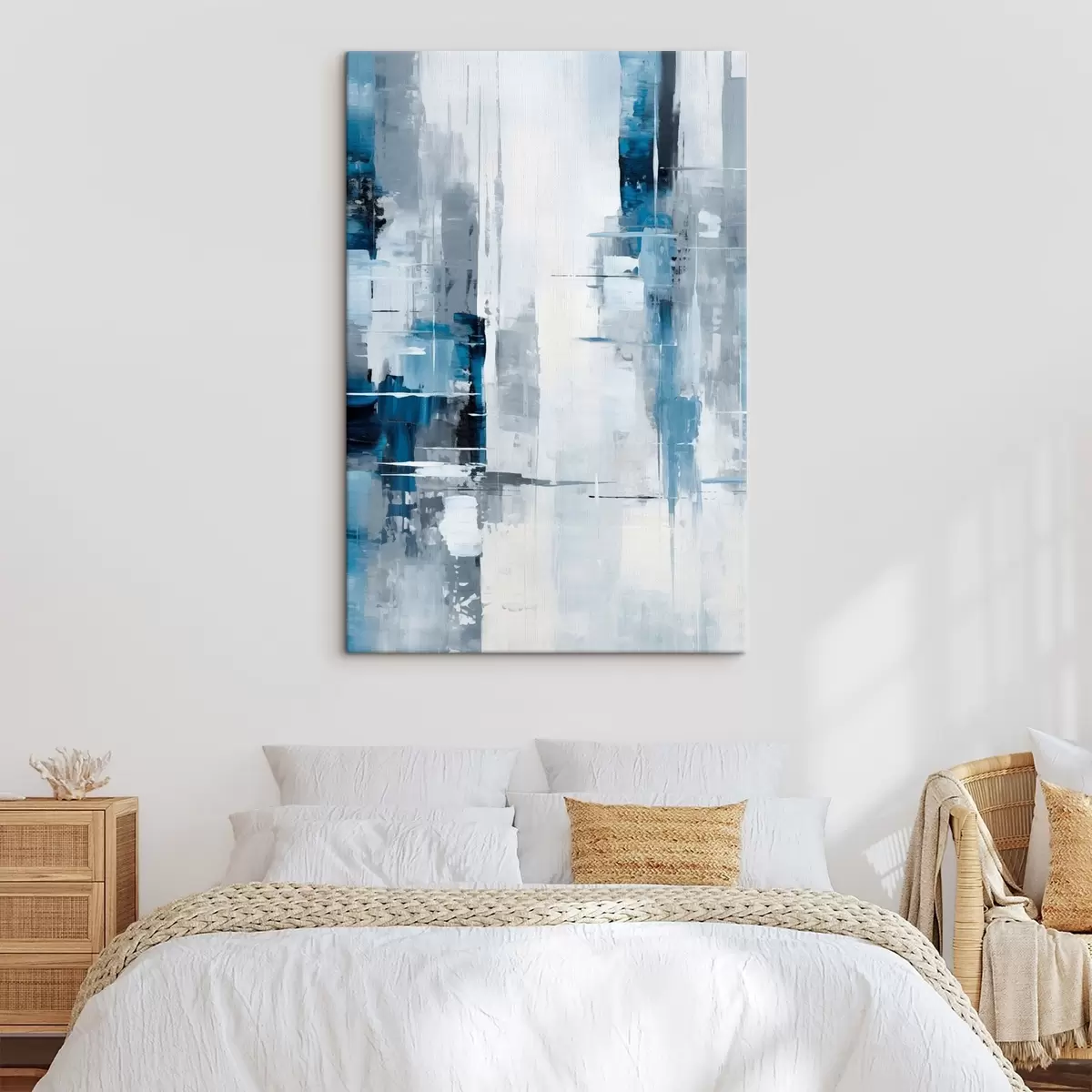 carta da parati Imitazione di pittura astratta con colori blu, grigio e bianco, linee verticali e forme geometriche nr. s45926