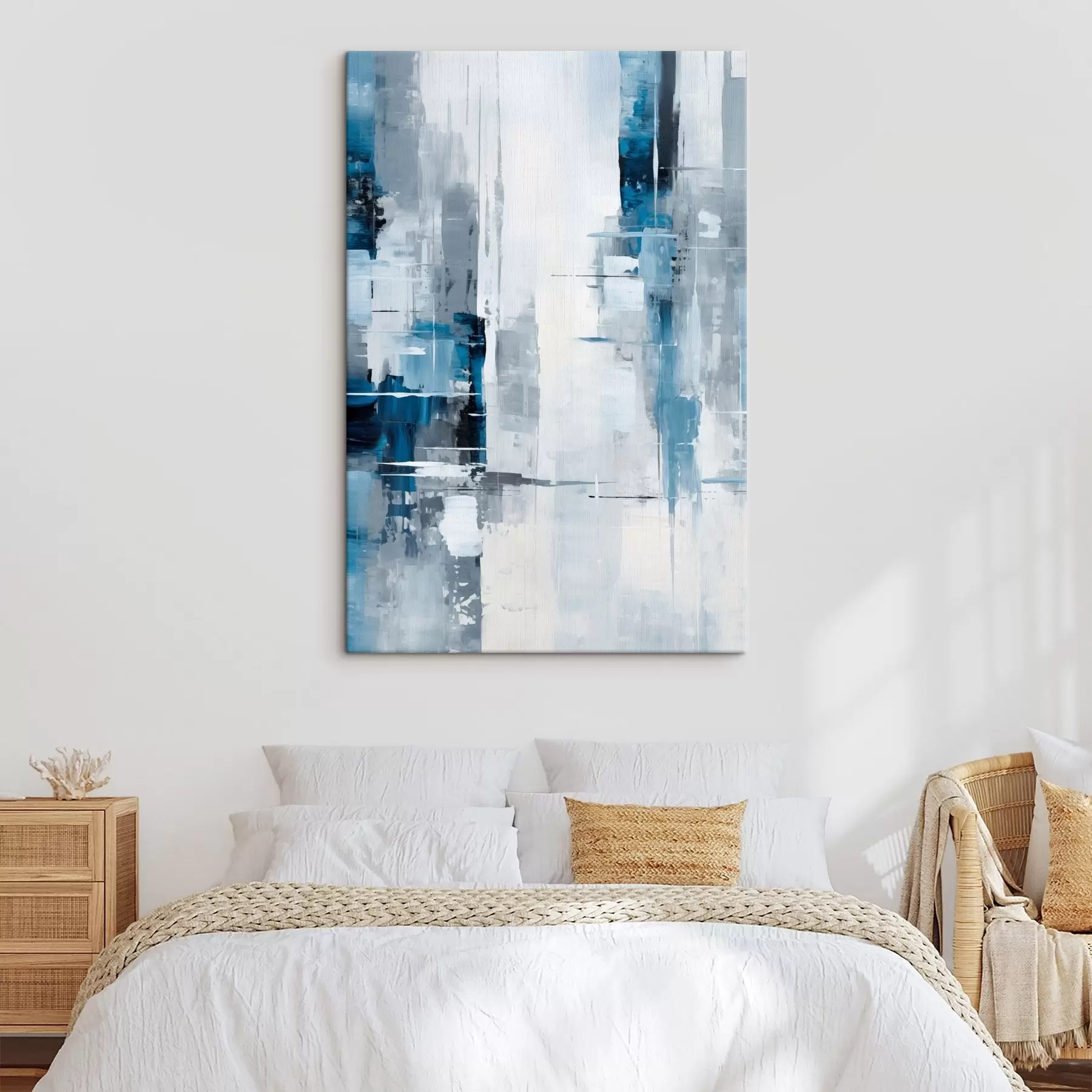 carta da parati Imitazione di pittura astratta con colori blu, grigio e bianco, linee verticali e forme geometriche nr. s45926