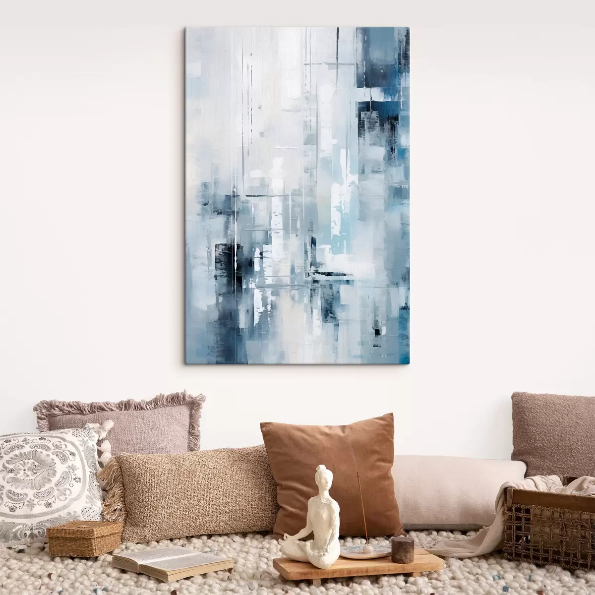 carta da parati Imitazione di pittura astratta con colori blu, grigio e bianco, linee verticali e forme geometriche nr. s45927