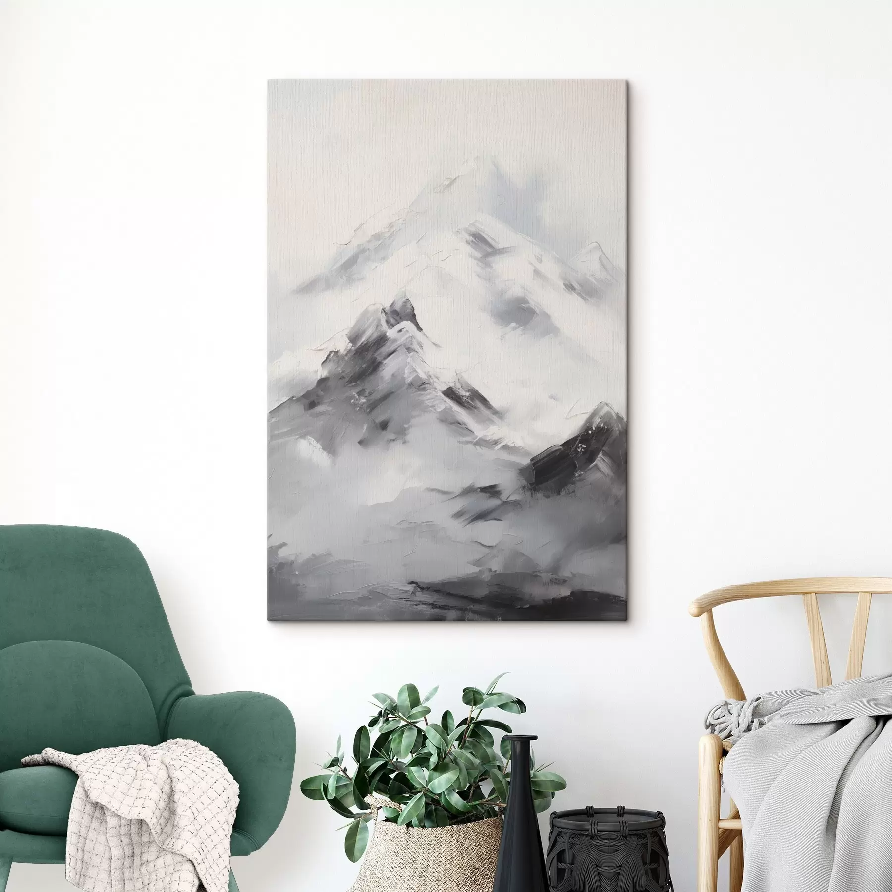 carta da parati Cime innevate con ombre grigie, cielo grigio, pennellate, texture, minimalista nr. s45933