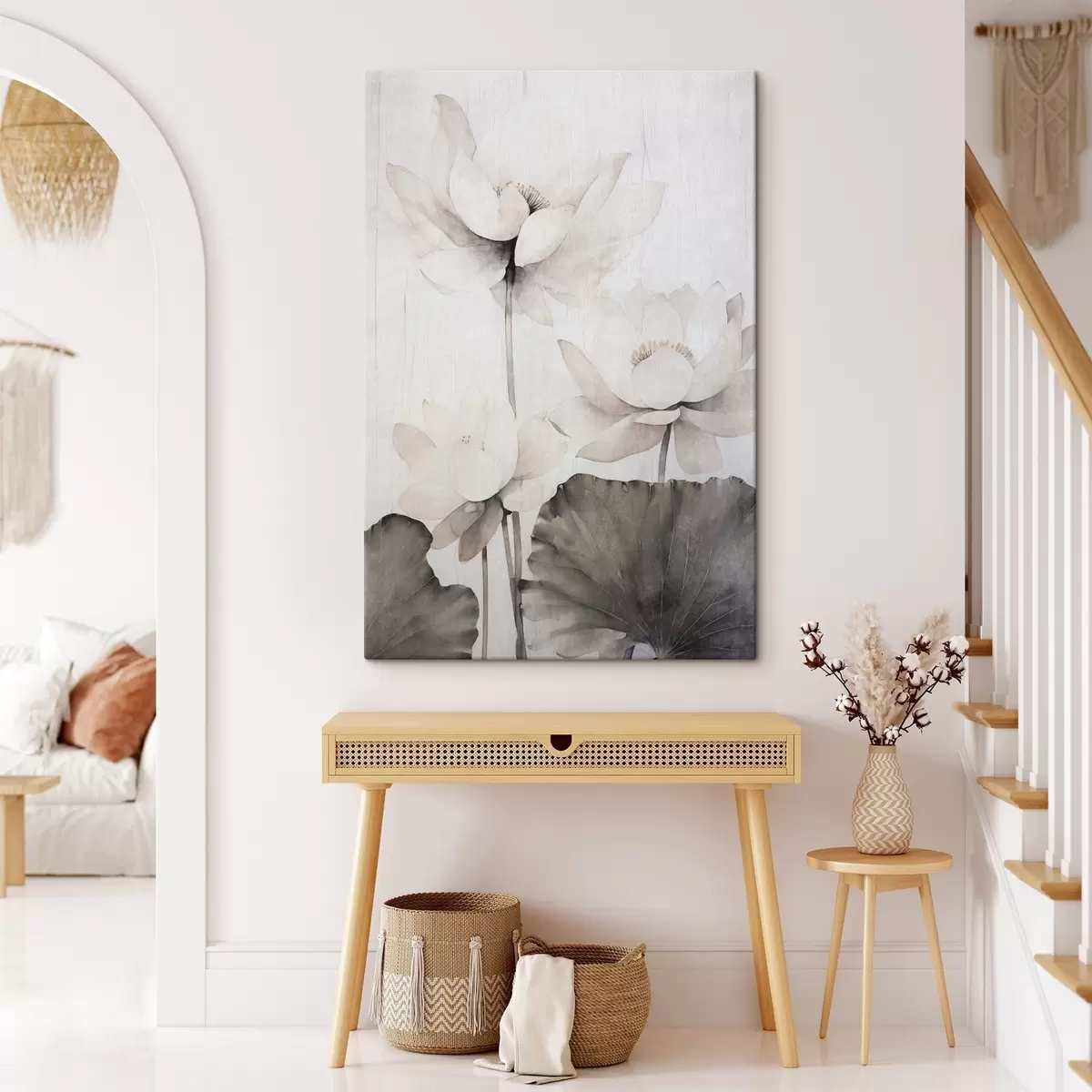 carta da parati Fiori di loto bianchi con foglie scure, sfondo chiaro, design minimalista nr. s45936