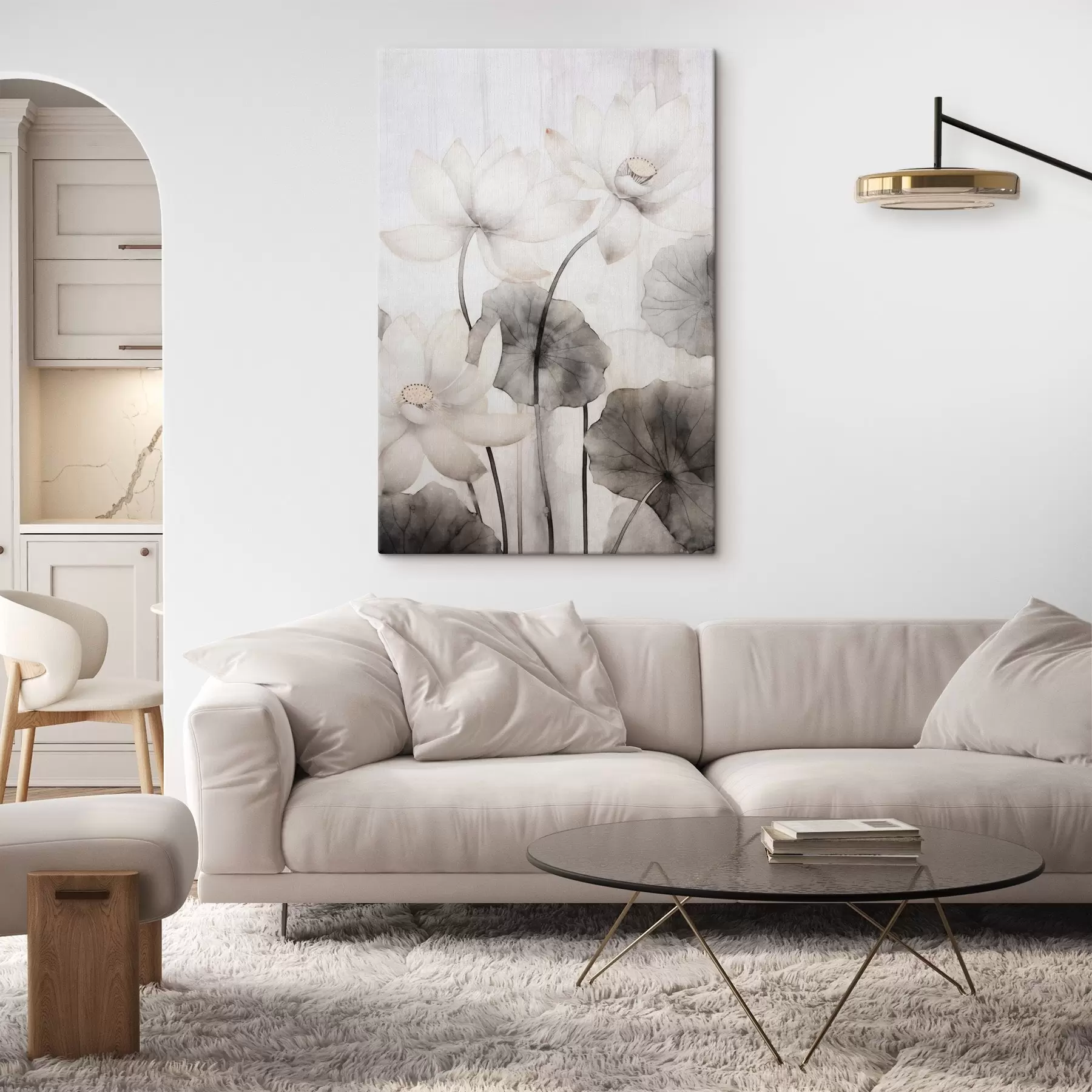 carta da parati Fiori di loto bianchi con foglie scure, sfondo chiaro, design minimalista nr. s45937