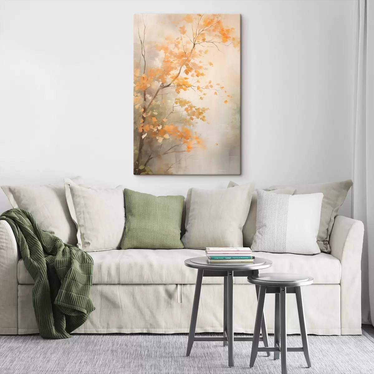 carta da parati Rami di alberi autunnali con foglie arancioni in una foresta illuminata da una luce soffusa nr. s45940