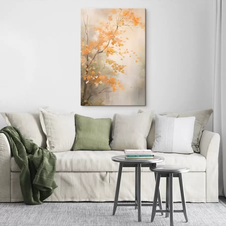 carta da parati Rami di alberi autunnali con foglie arancioni in una foresta illuminata da una luce soffusa nr. s45940