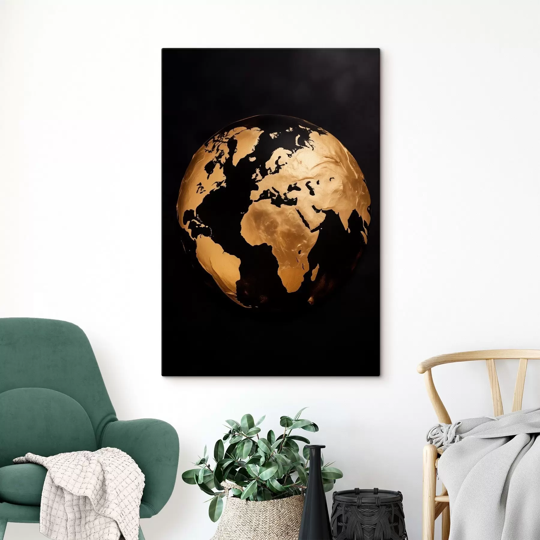 carta da parati Globo terrestre astratto giallo con texture, pianeta su sfondo nero, arte moderna minimalista nr. s45942