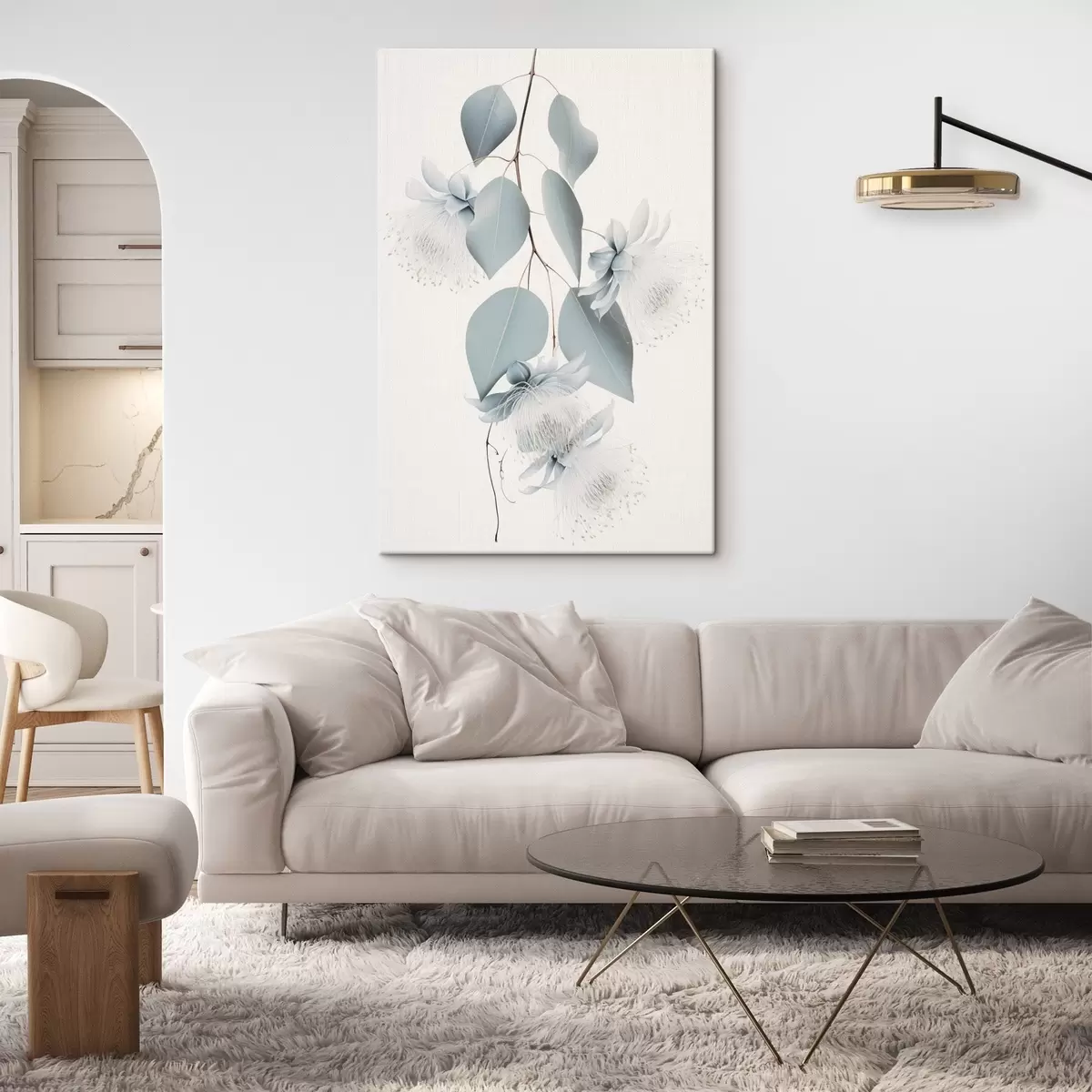 carta da parati Ramo di eucalipto con foglie blu e fiori bianchi, sfondo chiaro nr. s45947