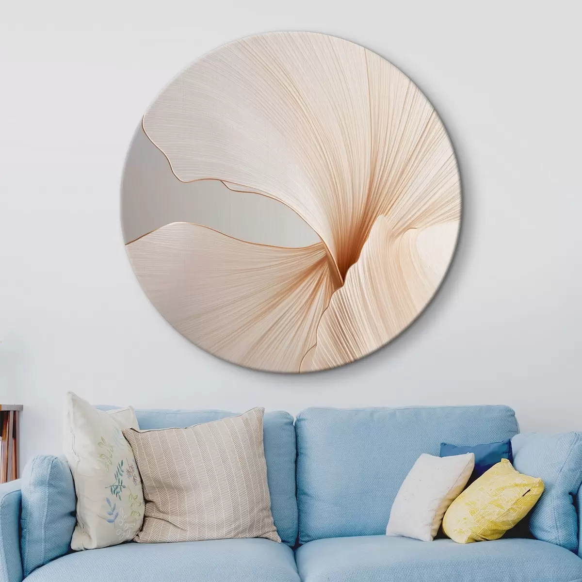 Quadri rotondi Fiori astratti con petali sottili e delicati nei toni del bianco e del beige r45923