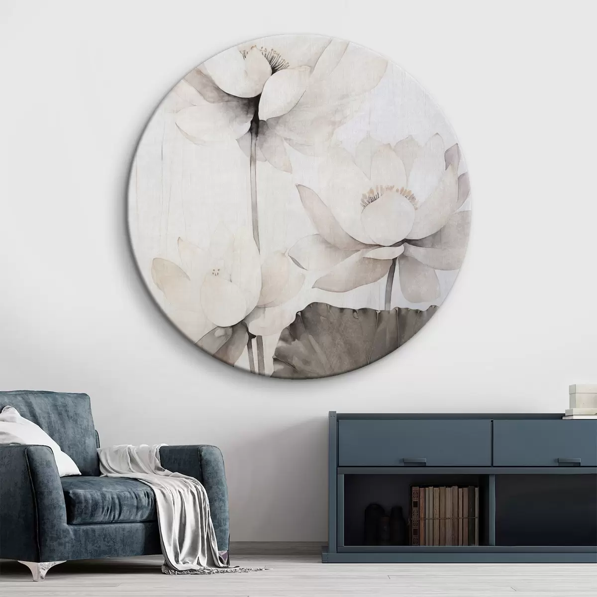 Quadri rotondi Fiori di loto bianchi con foglie scure, sfondo chiaro, design minimalista r45936