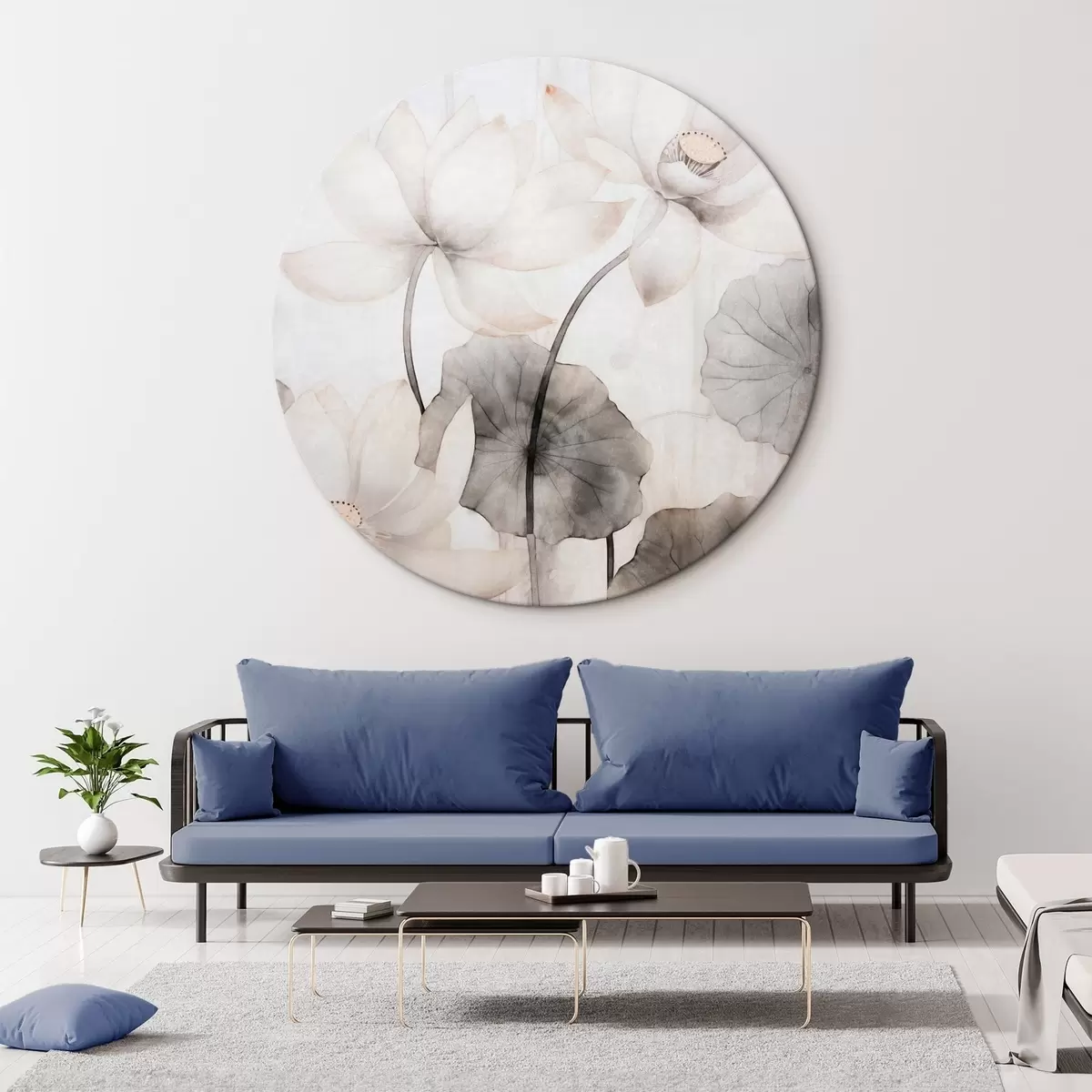 Quadri rotondi Fiori di loto bianchi con foglie scure, sfondo chiaro, design minimalista r45937