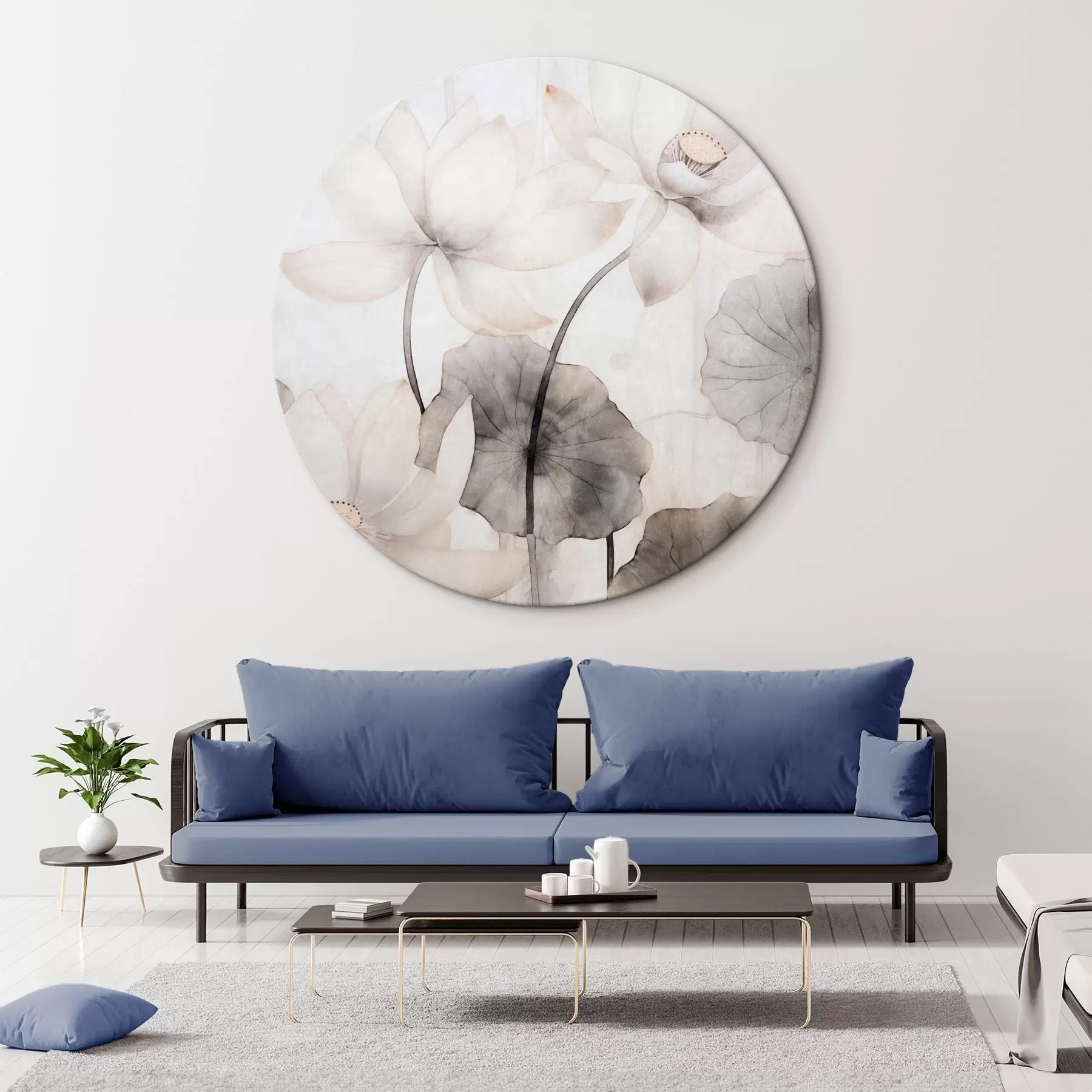 carta da parati Fiori di loto bianchi con foglie scure, sfondo chiaro, design minimalista nr. r45937