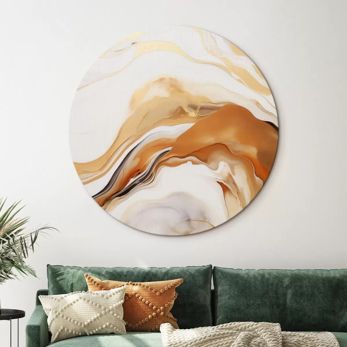 Quadri rotondi Imitazione della pittura astratta con forme fluide nei toni del bianco, arancione e marrone, minimalista r45938