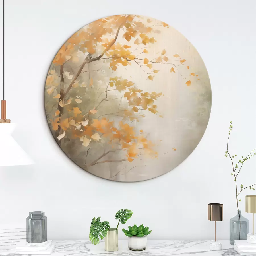 carta da parati Rami di alberi autunnali con foglie arancioni in una foresta illuminata da una luce soffusa nr. r45940