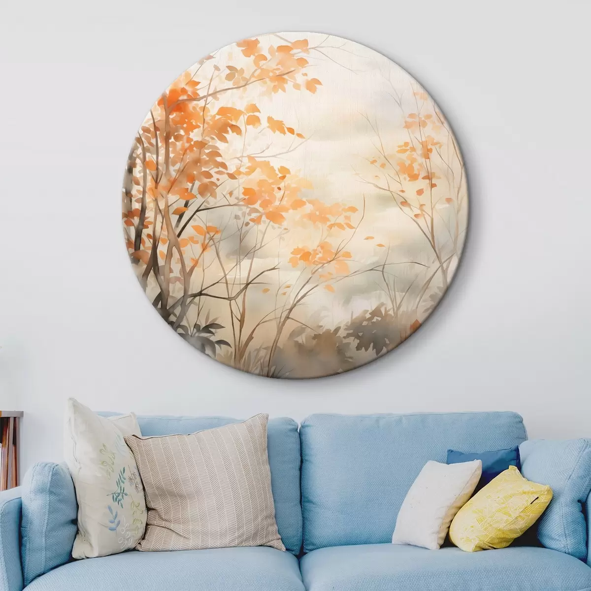 Quadri rotondi Alberi autunnali con foglie e rami arancioni, stile acquerello morbido, pennellate delicate r45941