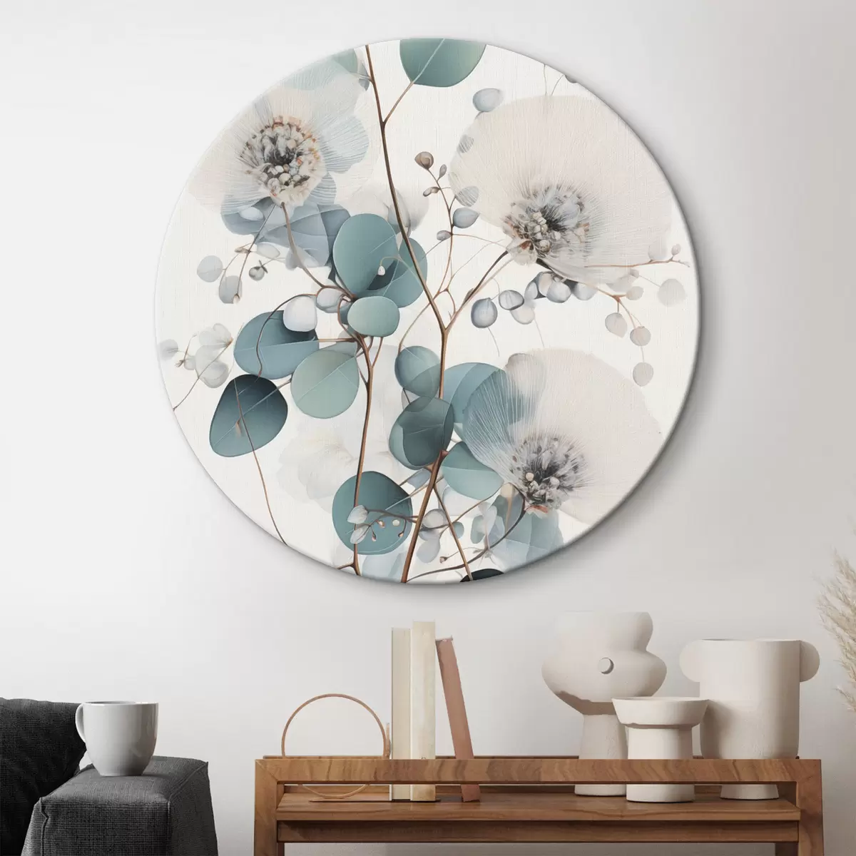 Quadri rotondi Fiori astratti di eucalipto con petali bianchi, foglie verde tenue sui rami r45946